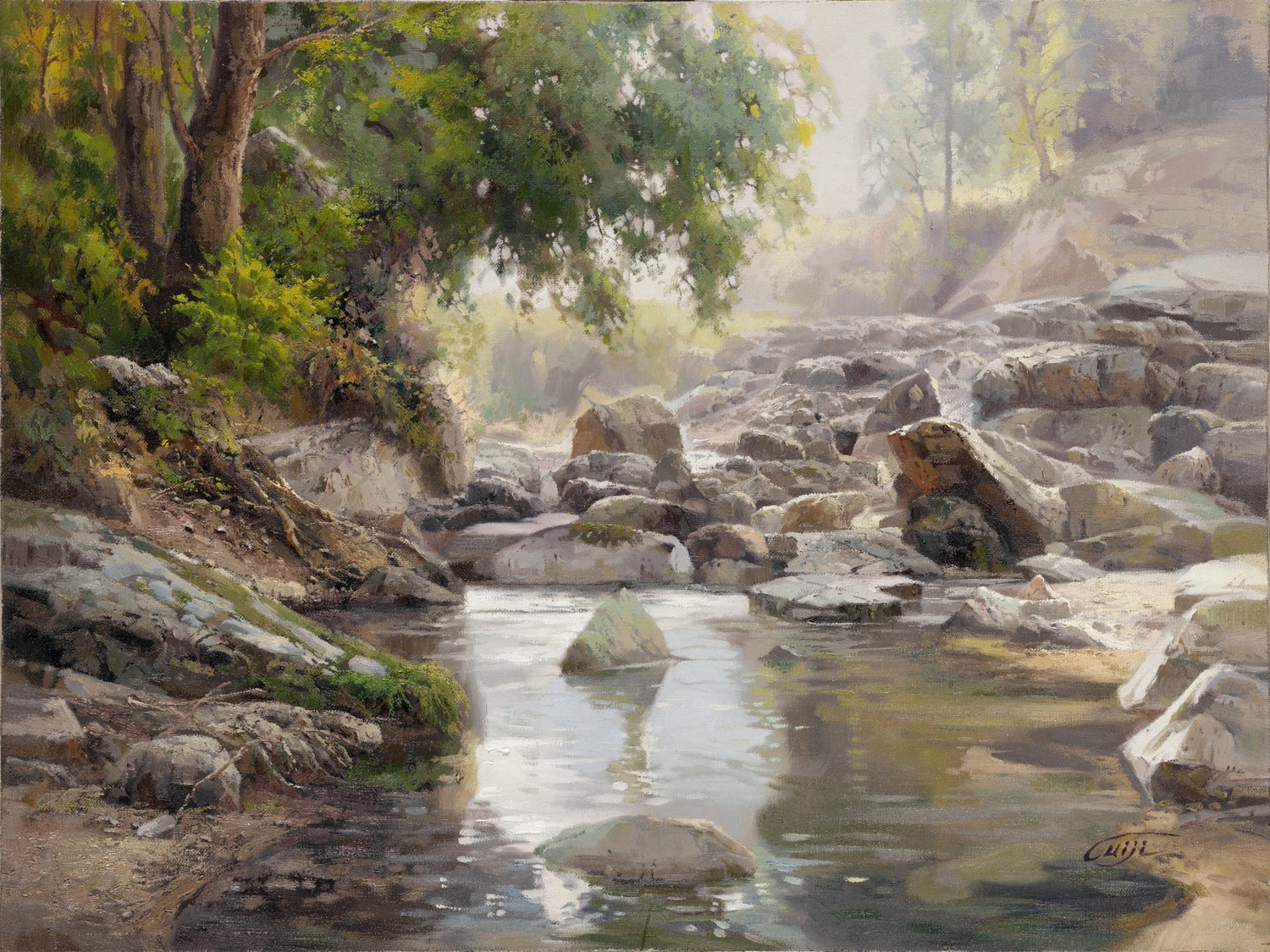 Landscape Oil Painting - Rocky stream woodland & misty riverbank - Oil Painting Haven