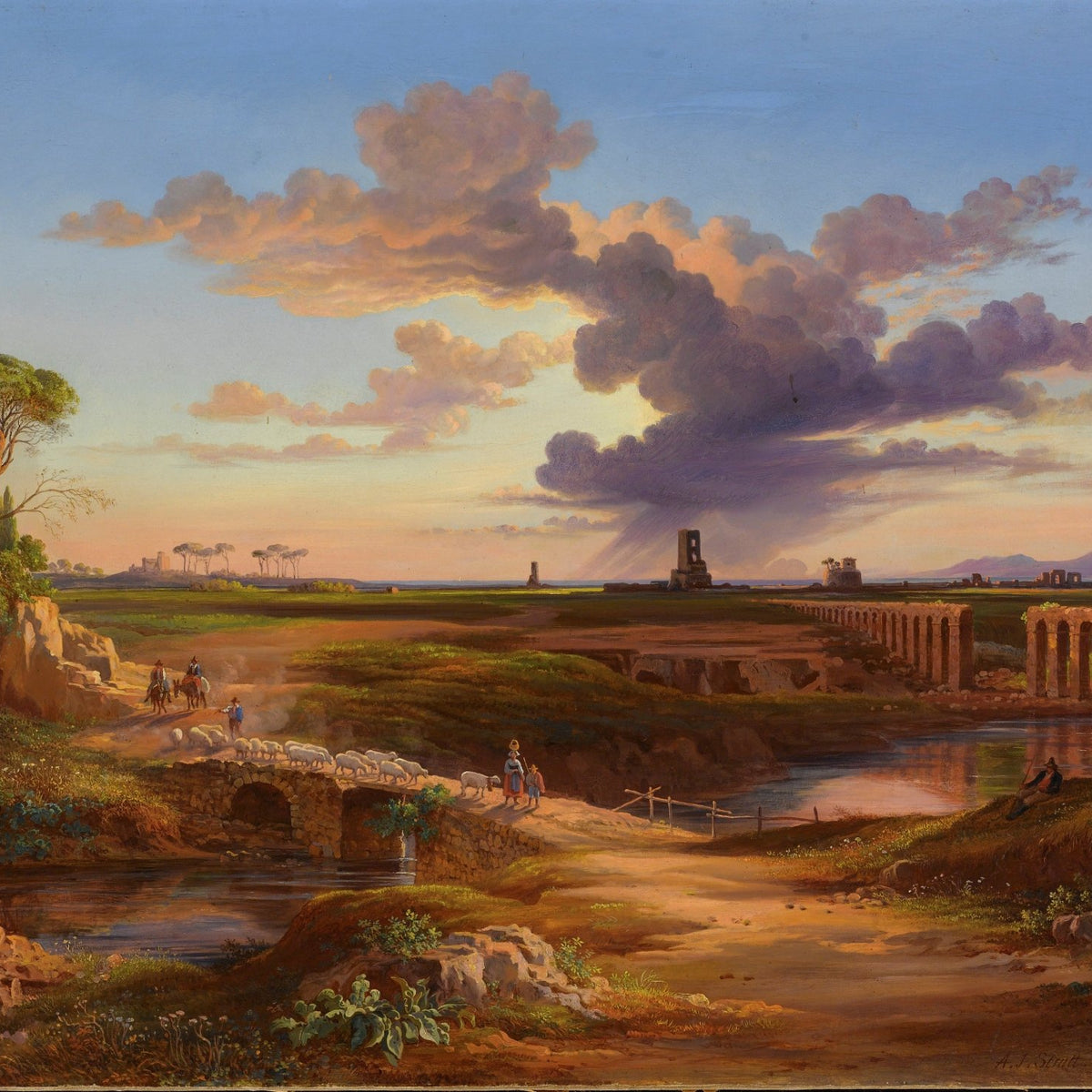 Landscape Oil Painting - Roman aqueduct & pastoral fields, flock - Oil Painting Haven