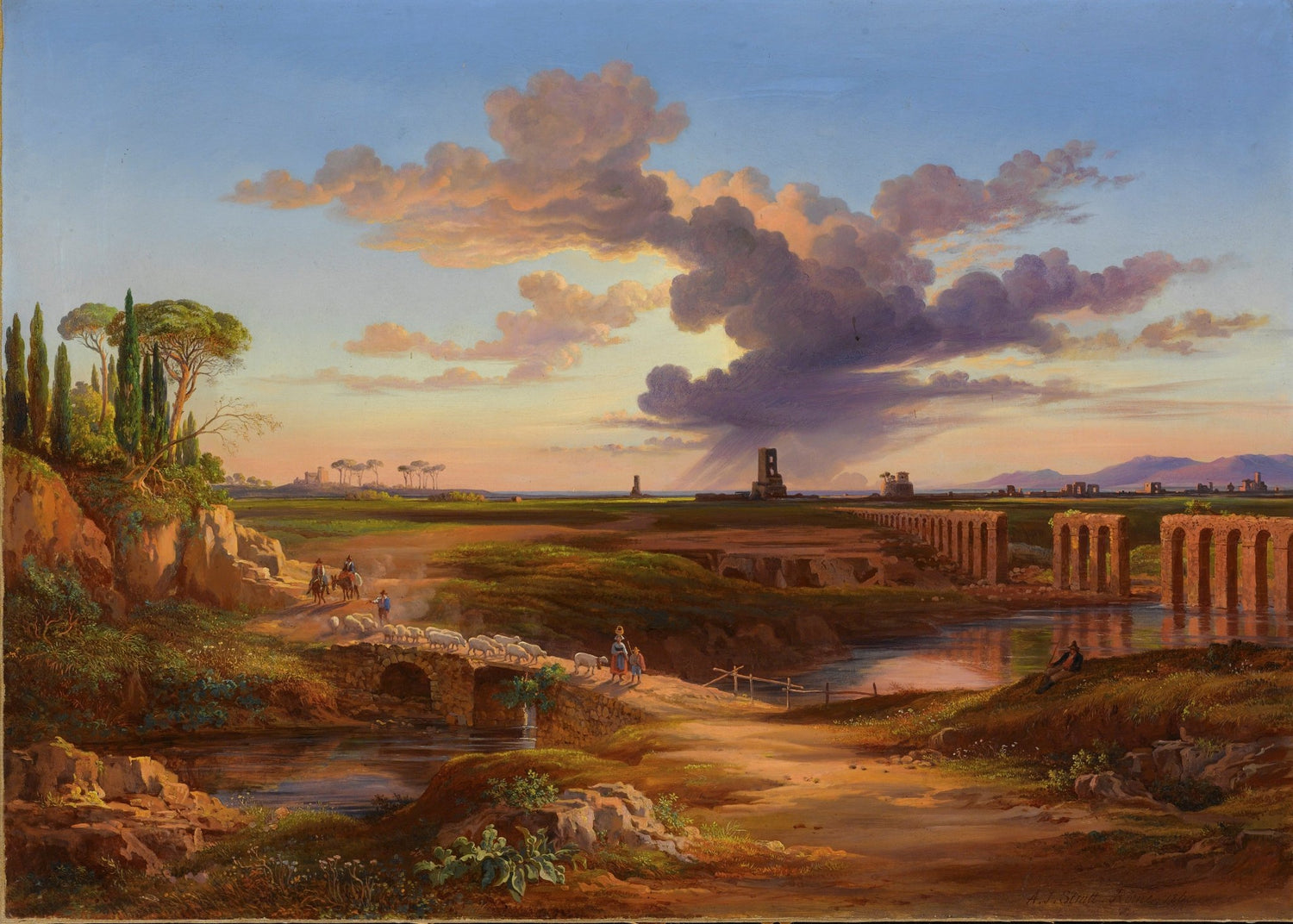 Landscape Oil Painting - Roman aqueduct & pastoral fields, flock - Oil Painting Haven