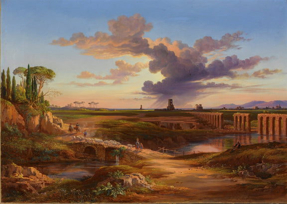 Landscape Oil Painting - Roman aqueduct & pastoral fields, flock - Oil Painting Haven
