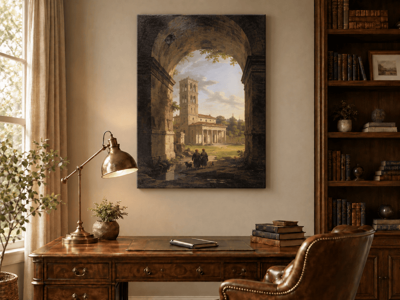 Landscape Oil Painting - Roman Archway with Bell Tower View