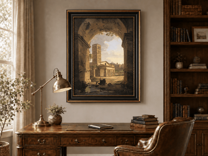 Landscape Oil Painting - Roman Archway with Bell Tower View