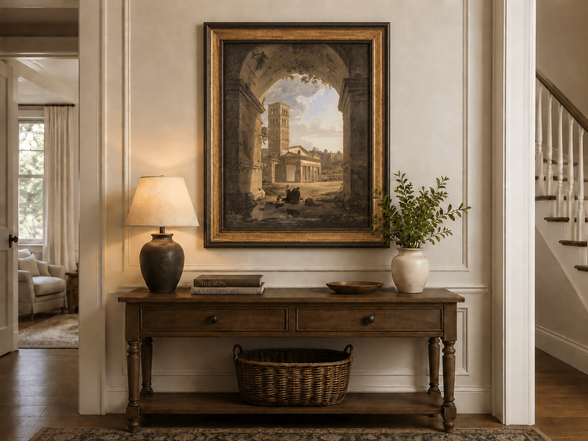 Landscape Oil Painting - Roman Archway with Bell Tower View