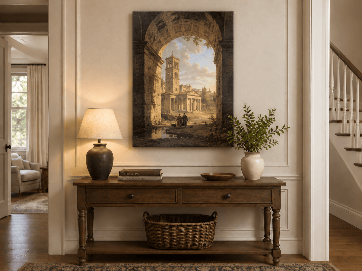 Landscape Oil Painting - Roman Archway with Bell Tower View