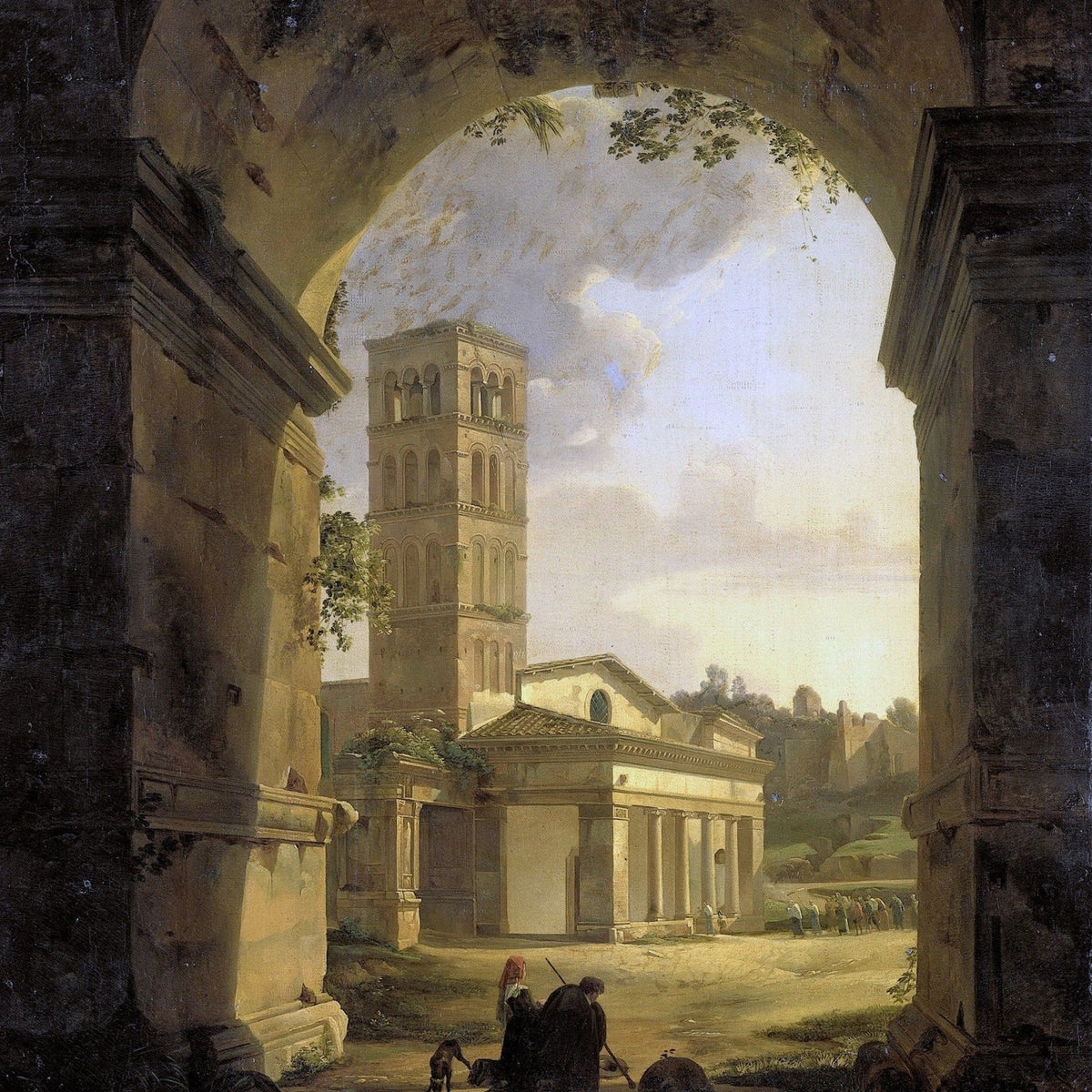 Hand-painted roman archway with bell tower view landscape oil painting on canvas