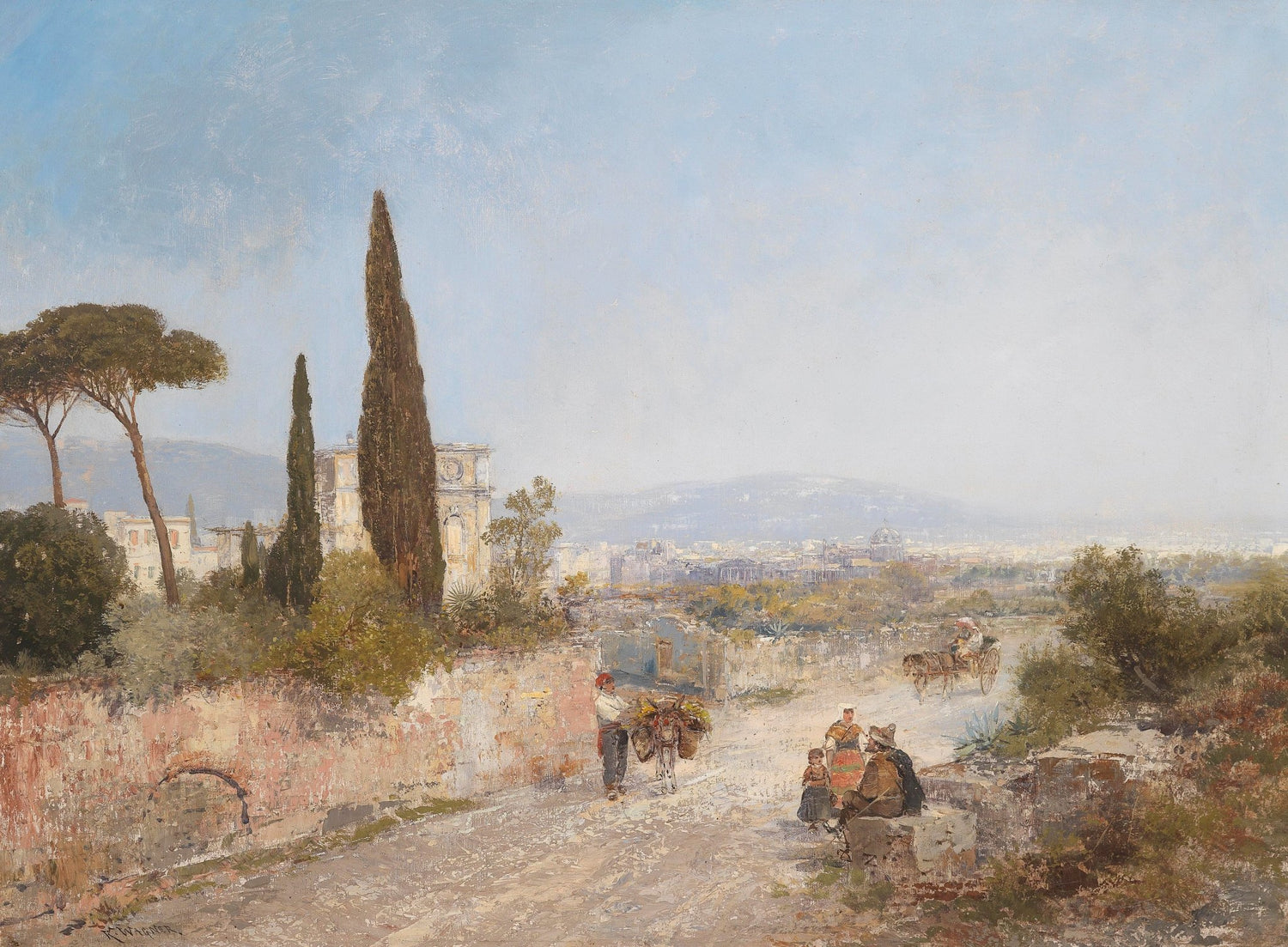 Landscape Oil Painting - Roman Countryside, Trees & Historic Buildings - Oil Painting Haven
