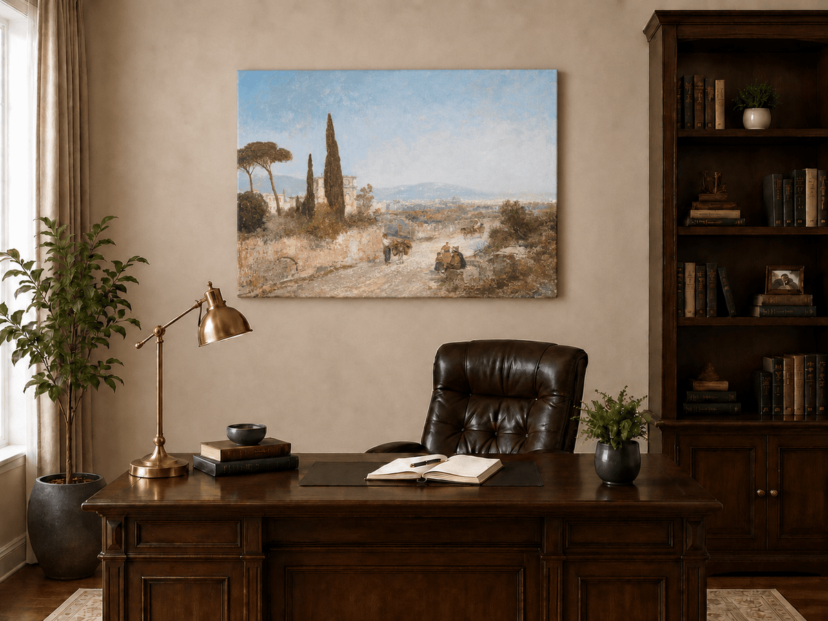 Landscape Oil Painting - Roman Countryside, Trees & Historic