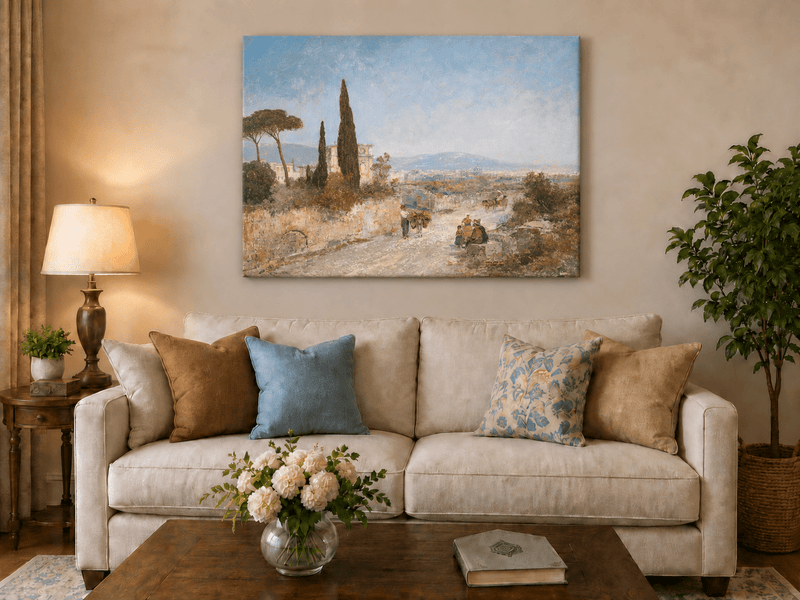 Landscape Oil Painting - Roman Countryside, Trees & Historic