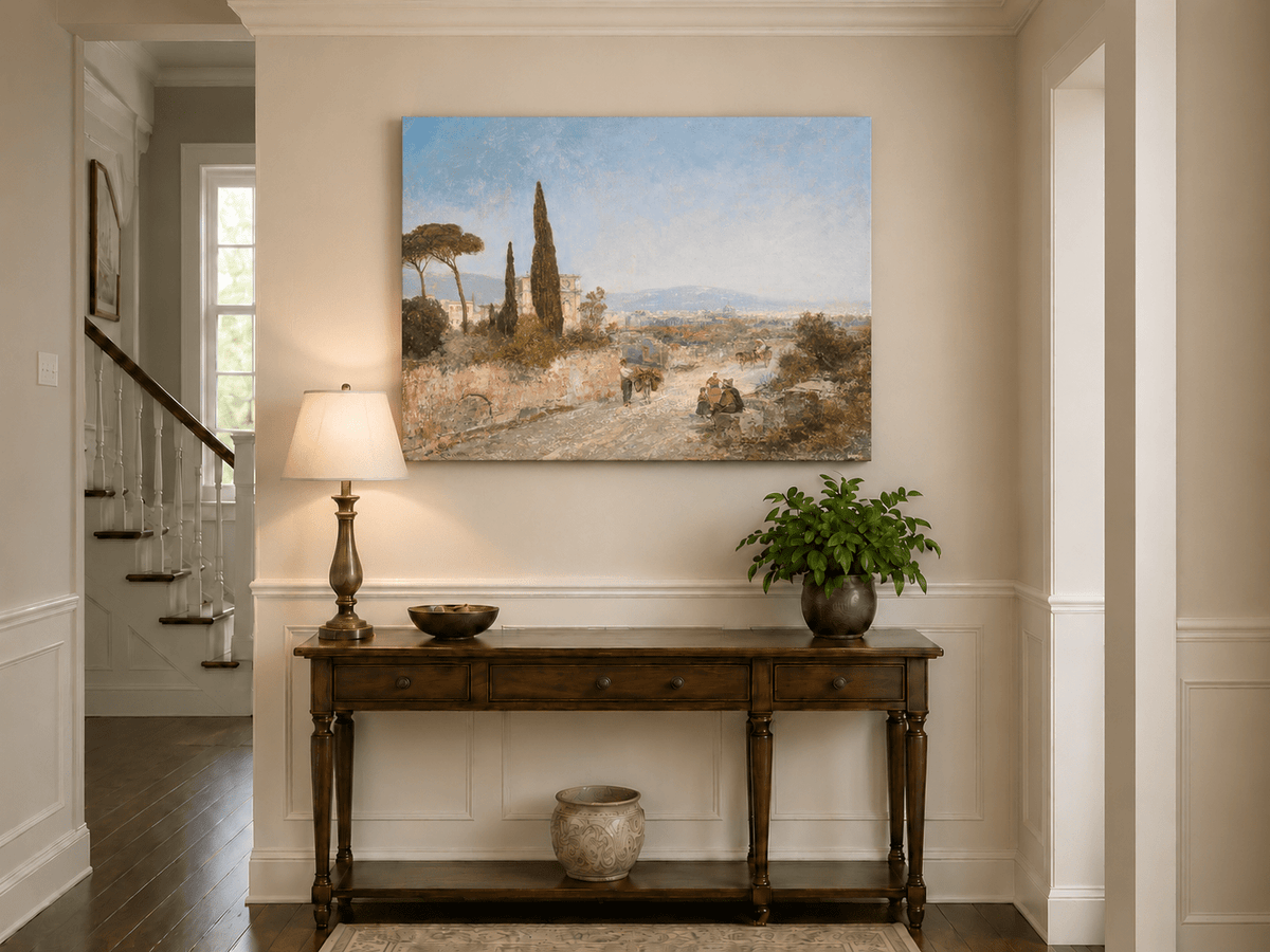 Landscape Oil Painting - Roman Countryside, Trees & Historic