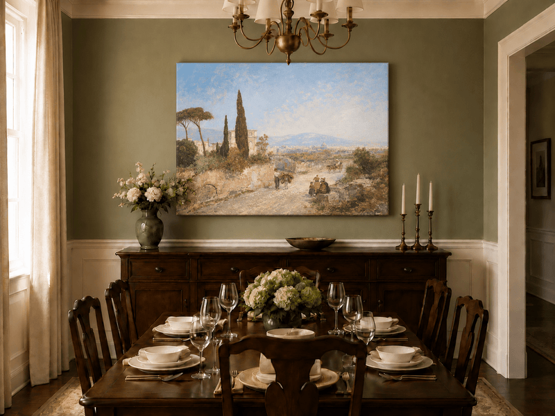Landscape Oil Painting - Roman Countryside, Trees & Historic