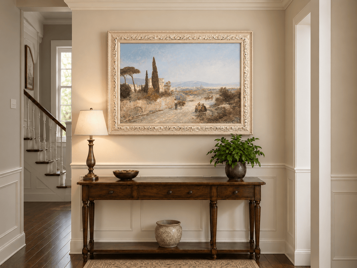 Landscape Oil Painting - Roman Countryside, Trees & Historic