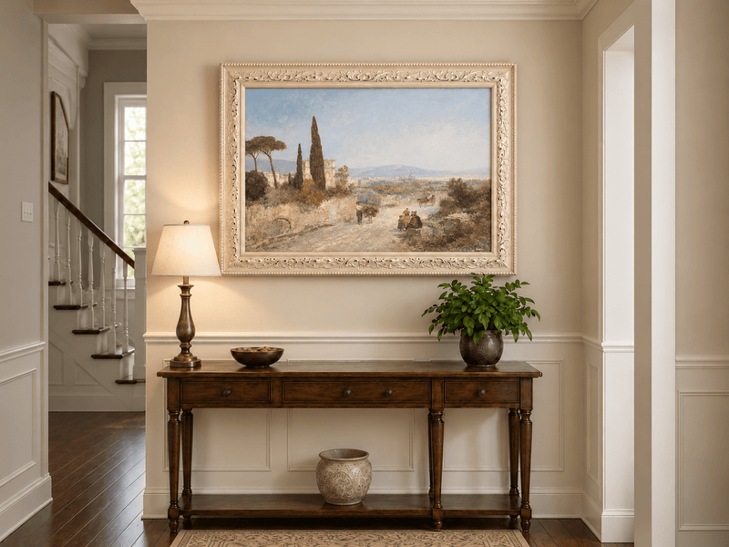 Landscape Oil Painting - Roman Countryside, Trees & Historic