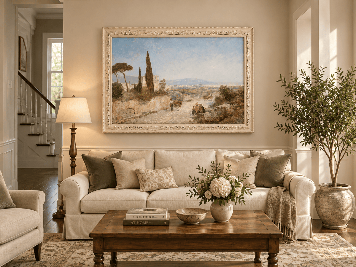 Landscape Oil Painting - Roman Countryside, Trees & Historic