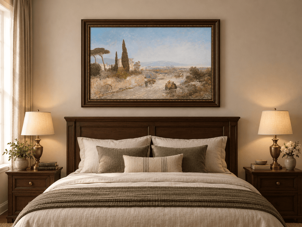 Landscape Oil Painting - Roman Countryside, Trees & Historic