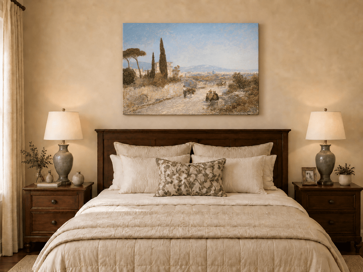 Landscape Oil Painting - Roman Countryside, Trees & Historic