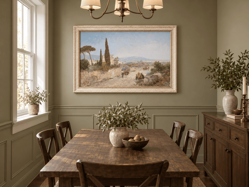 Landscape Oil Painting - Roman Countryside, Trees & Historic