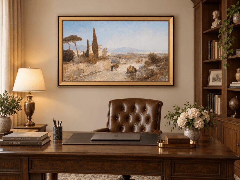 Landscape Oil Painting - Roman Countryside, Trees & Historic