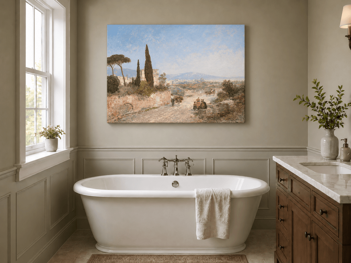 Landscape Oil Painting - Roman Countryside, Trees & Historic