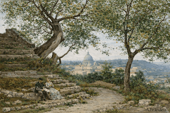 Hand-painted roman garden view with seated couple landscape oil painting on canvas