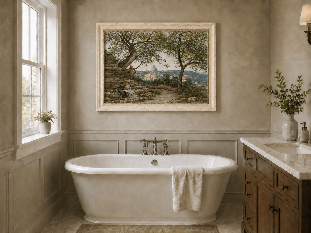 Landscape Oil Painting - Roman Garden View with Seated Couple