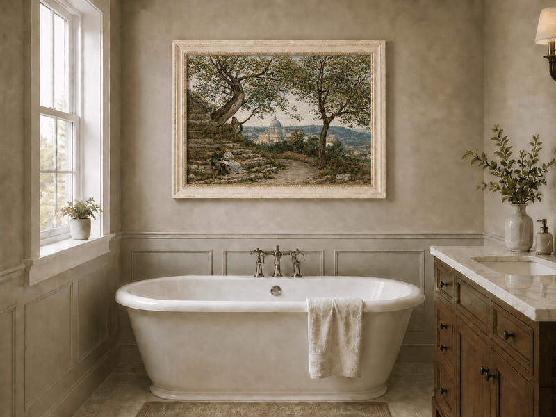 Landscape Oil Painting - Roman Garden View with Seated Couple