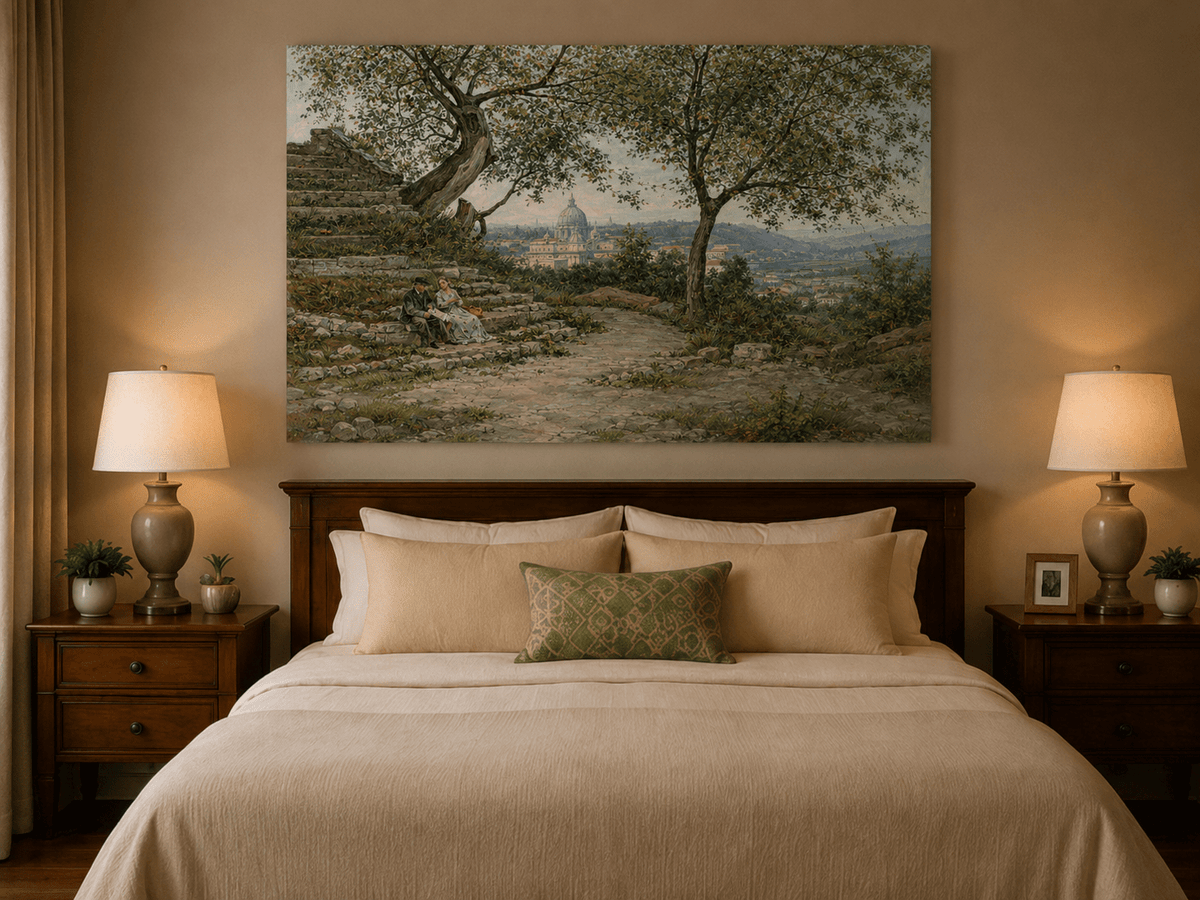Landscape Oil Painting - Roman Garden View with Seated Couple