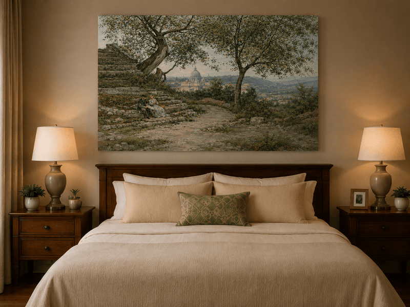 Landscape Oil Painting - Roman Garden View with Seated Couple