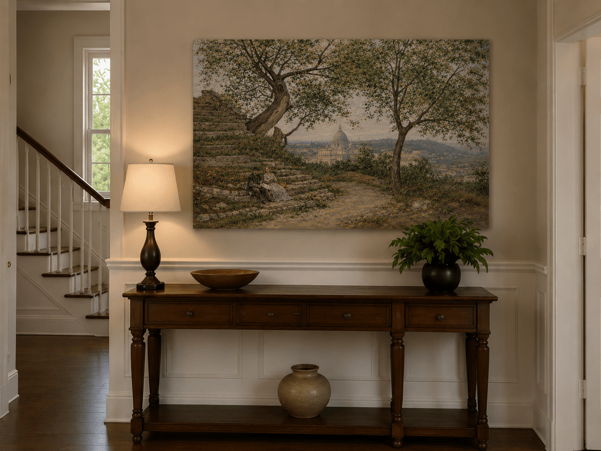 Landscape Oil Painting - Roman Garden View with Seated Couple