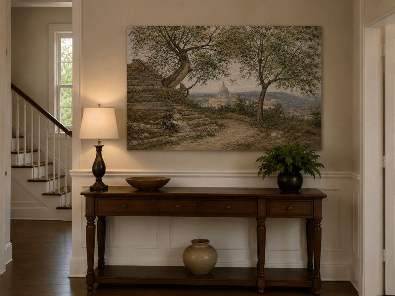 Landscape Oil Painting - Roman Garden View with Seated Couple