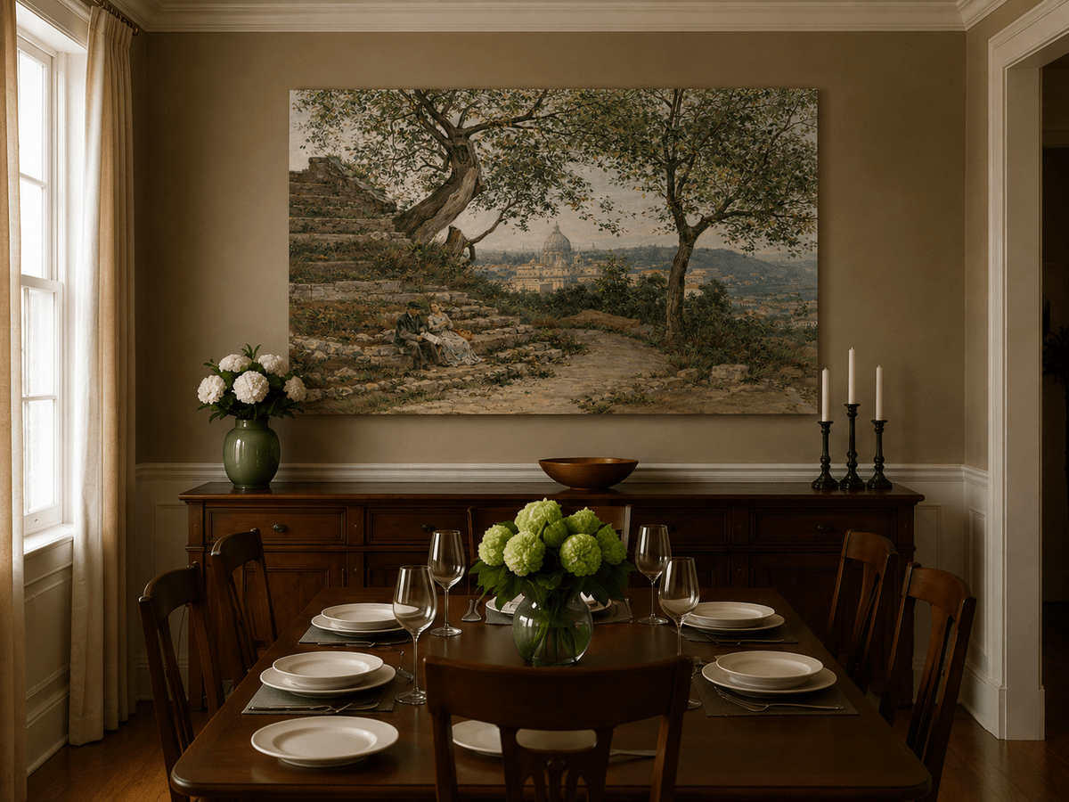 Landscape Oil Painting - Roman Garden View with Seated Couple