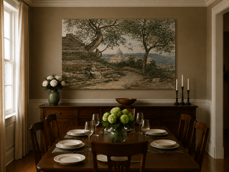 Landscape Oil Painting - Roman Garden View with Seated Couple