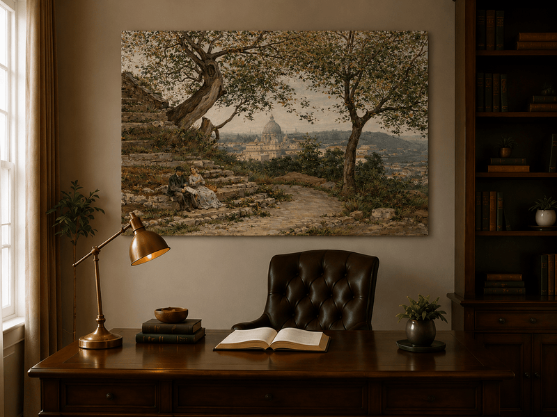 Landscape Oil Painting - Roman Garden View with Seated Couple