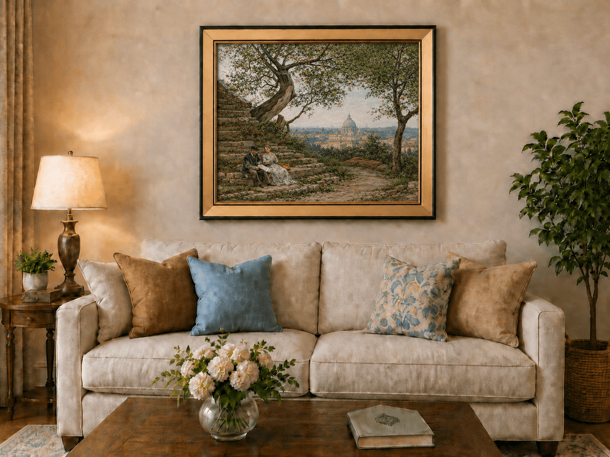 Landscape Oil Painting - Roman Garden View with Seated Couple
