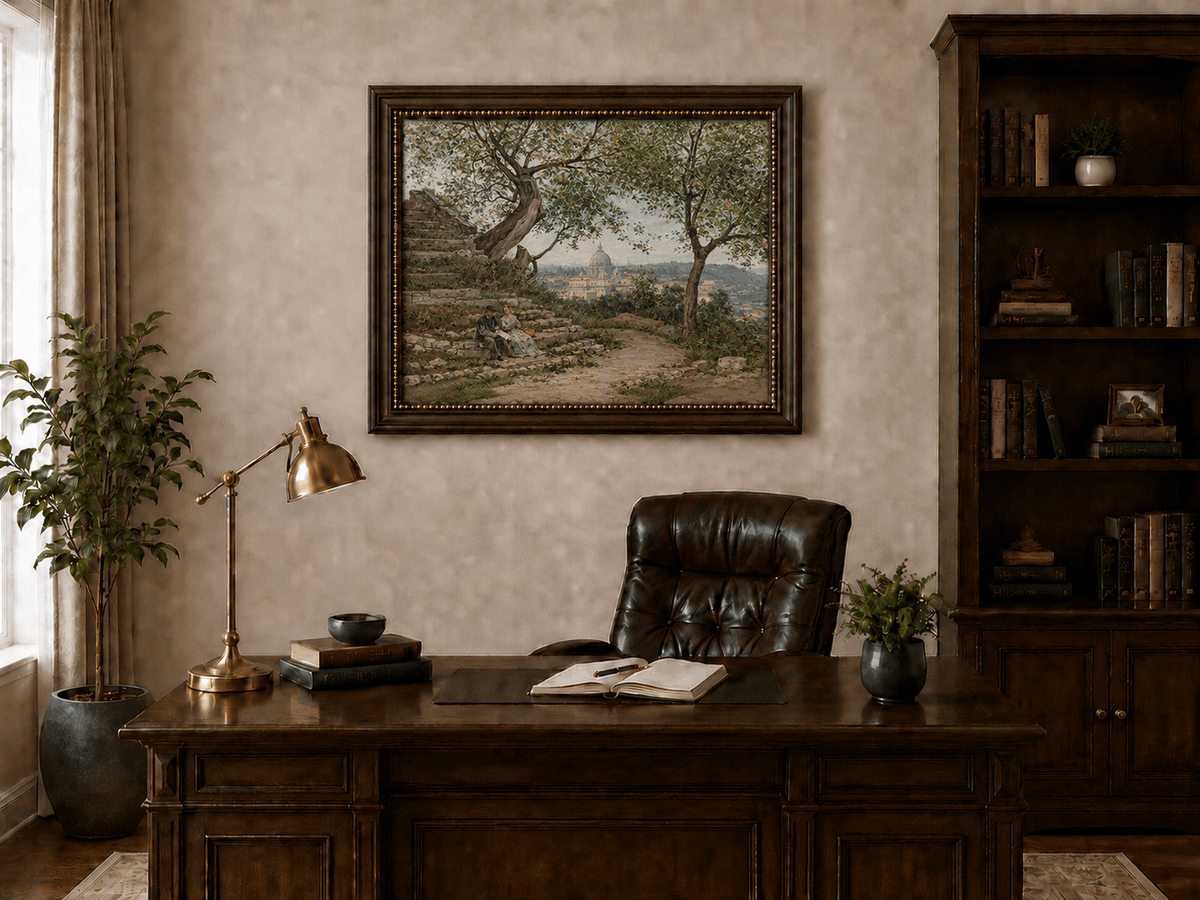 Landscape Oil Painting - Roman Garden View with Seated Couple