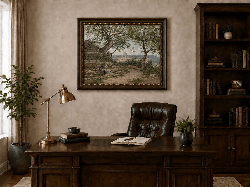 Landscape Oil Painting - Roman Garden View with Seated Couple