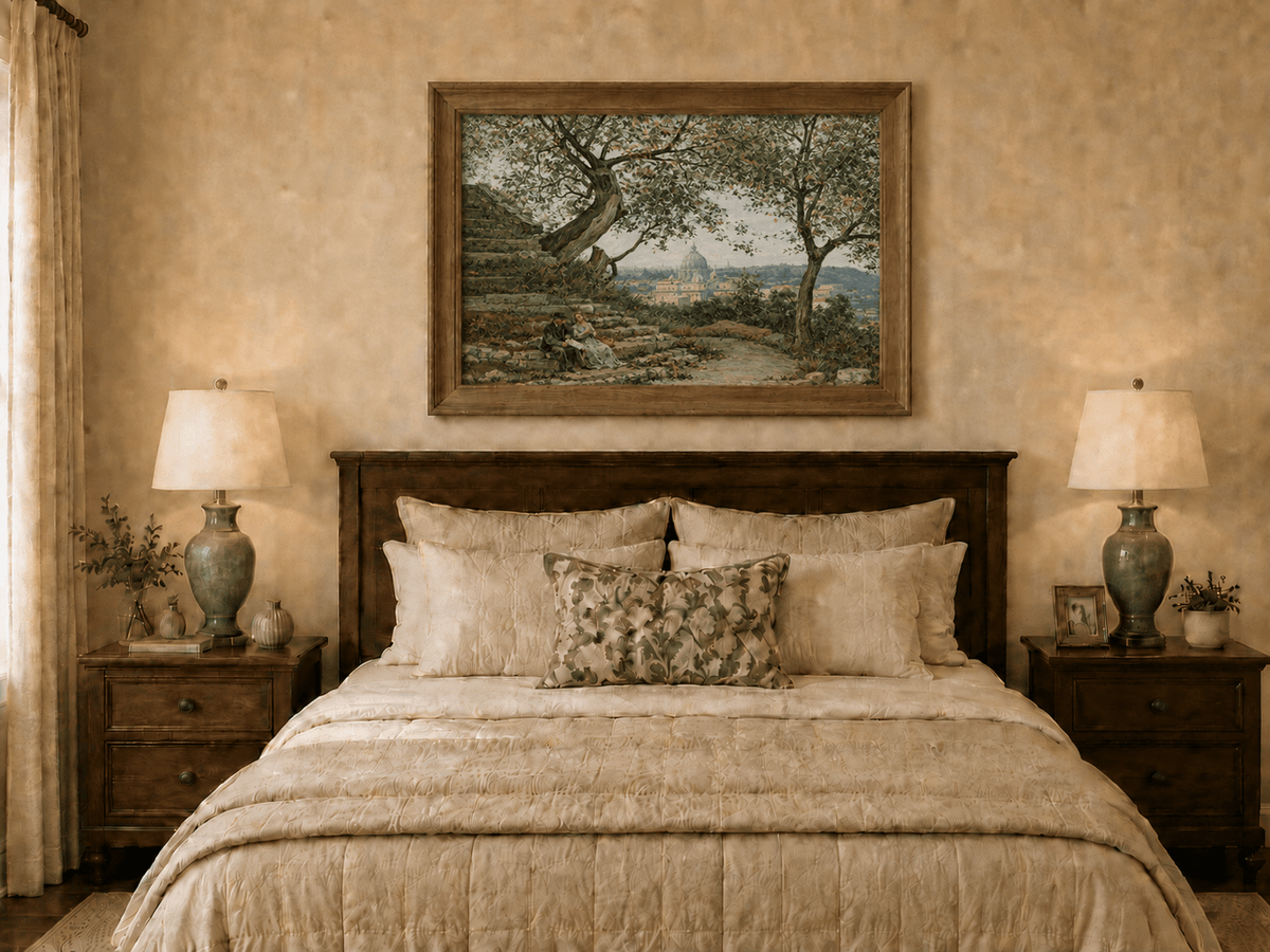 Landscape Oil Painting - Roman Garden View with Seated Couple