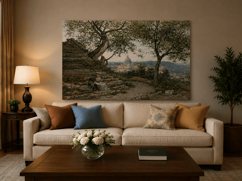 Landscape Oil Painting - Roman Garden View with Seated Couple