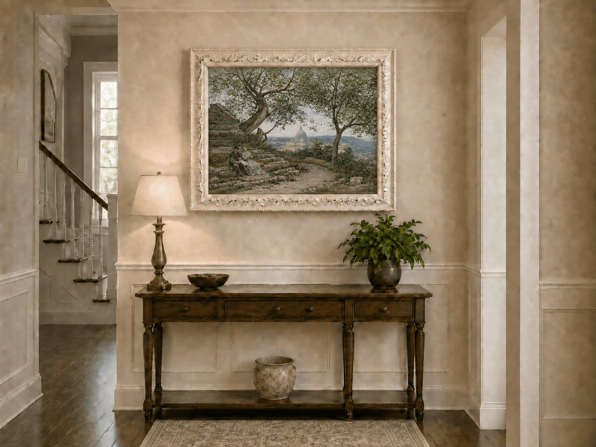 Landscape Oil Painting - Roman Garden View with Seated Couple