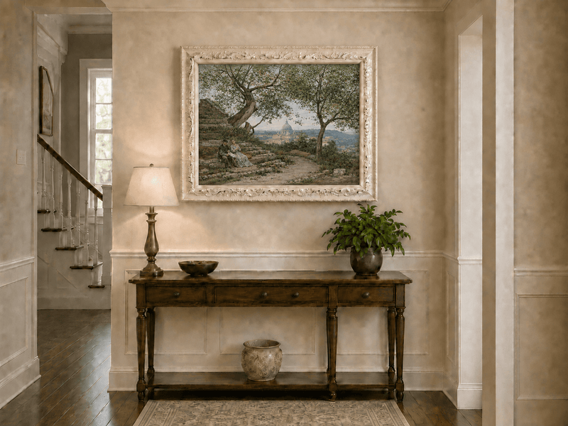 Landscape Oil Painting - Roman Garden View with Seated Couple