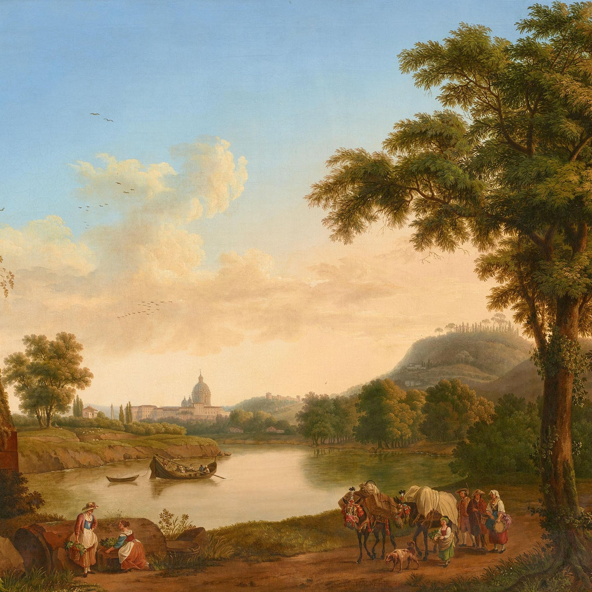 Landscape Oil Painting - Roman River & Travelers, Dome Architecture - Oil Painting Haven