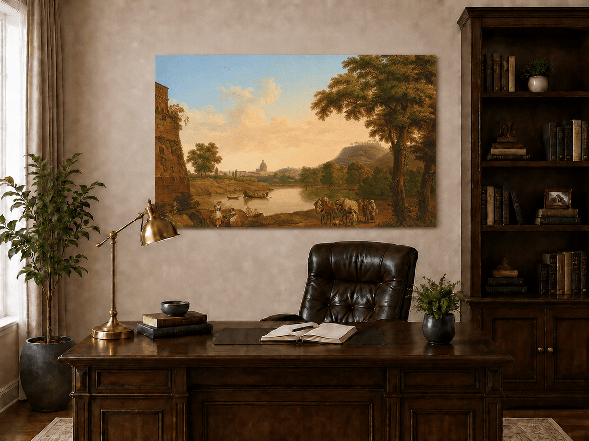Peinture à l'huile de paysage - Rivière romaine et voyageurs