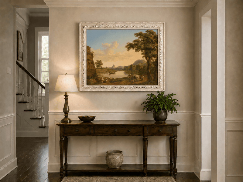 Peinture à l'huile de paysage - Rivière romaine et voyageurs