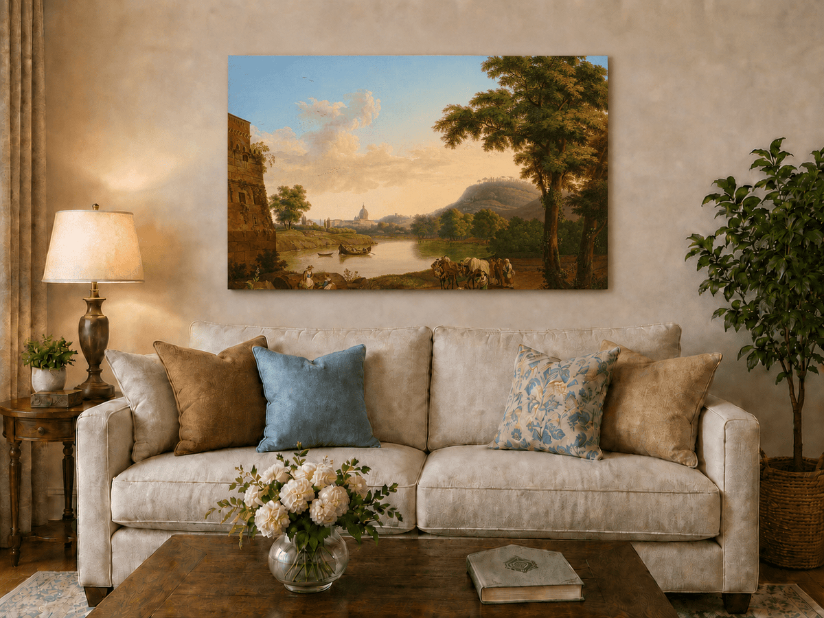 Peinture à l'huile de paysage - Rivière romaine et voyageurs