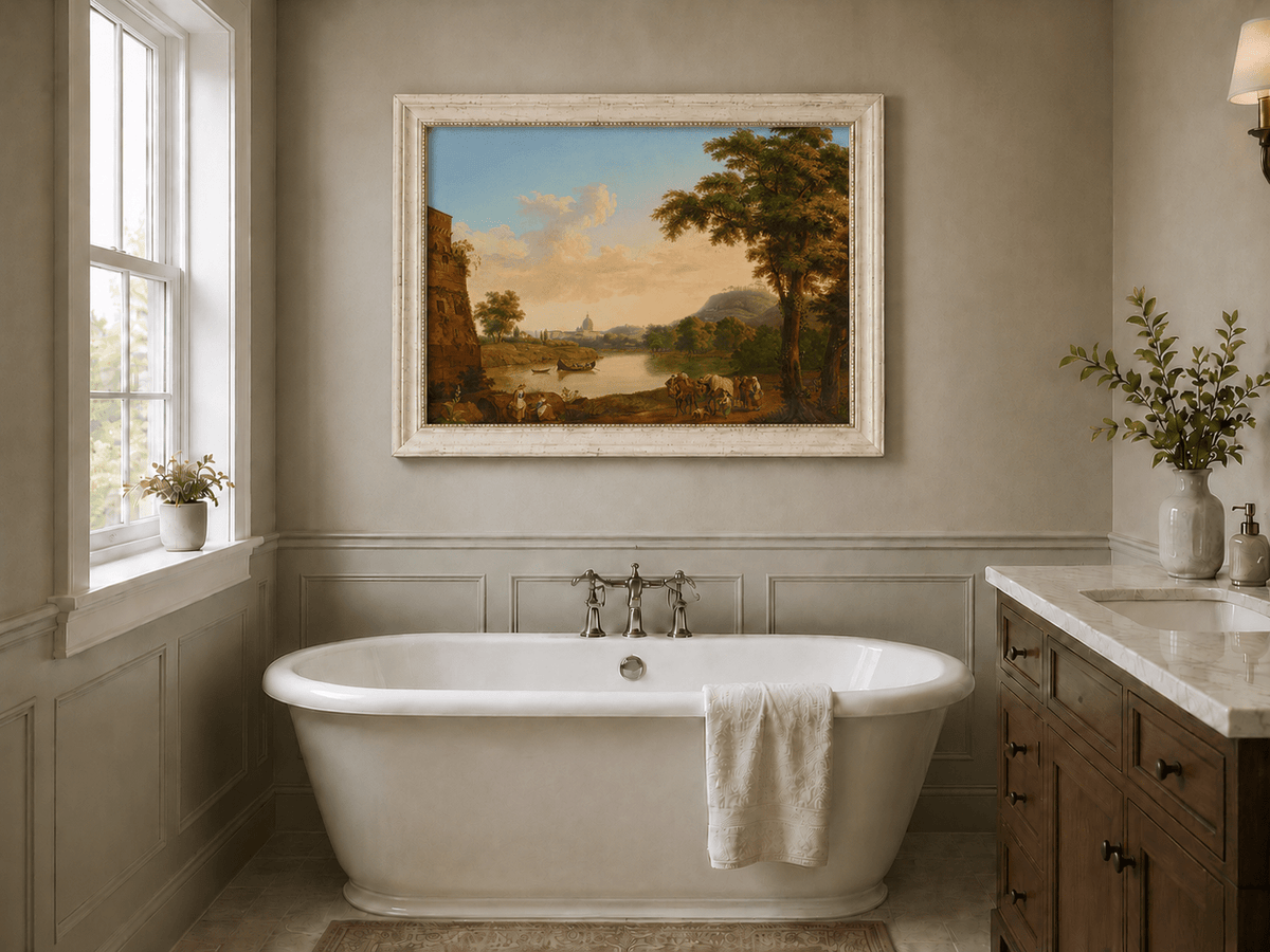 Peinture à l'huile de paysage - Rivière romaine et voyageurs