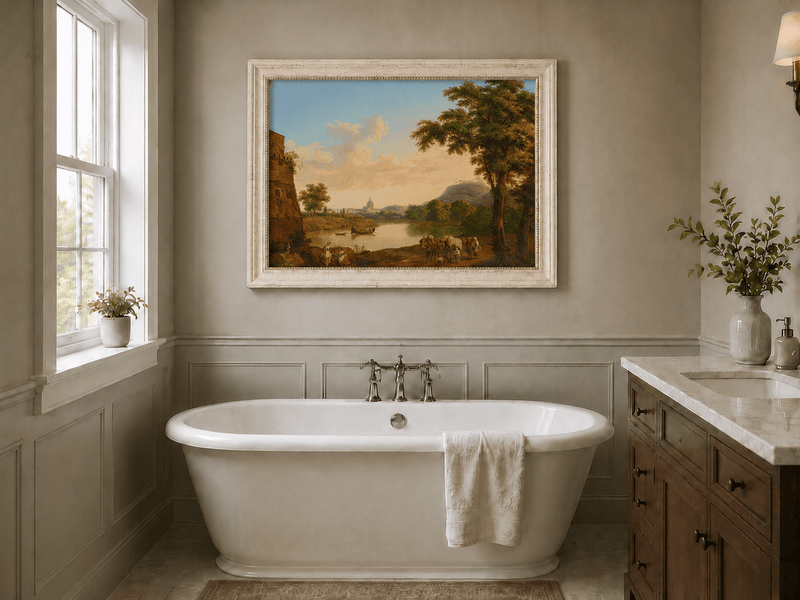 Peinture à l'huile de paysage - Rivière romaine et voyageurs