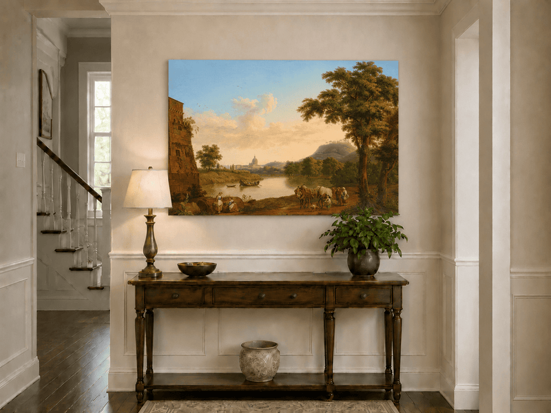 Peinture à l'huile de paysage - Rivière romaine et voyageurs