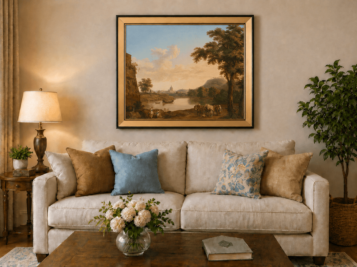 Peinture à l'huile de paysage - Rivière romaine et voyageurs