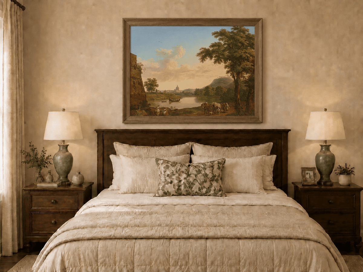 Peinture à l'huile de paysage - Rivière romaine et voyageurs