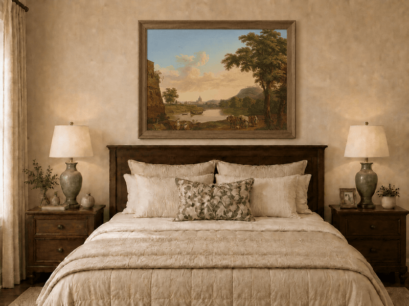Peinture à l'huile de paysage - Rivière romaine et voyageurs