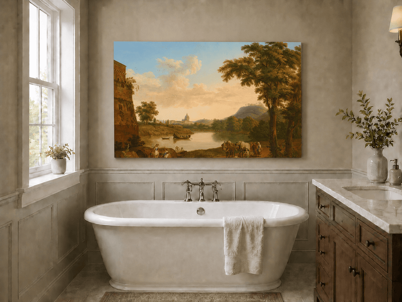 Peinture à l'huile de paysage - Rivière romaine et voyageurs